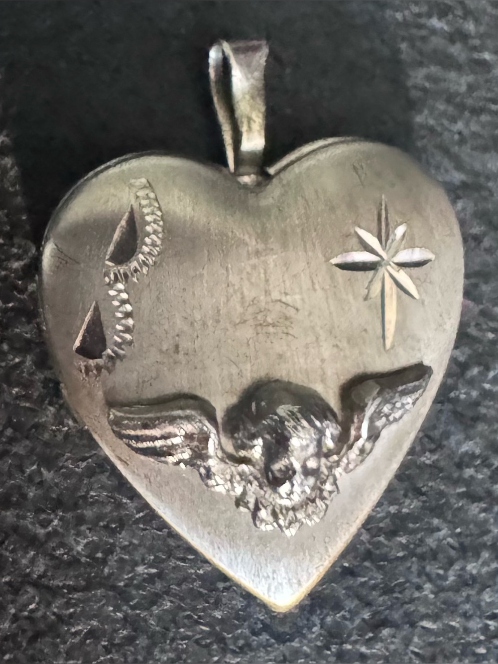 Sterling Silver Heart Shaped Silver Pendant with Winged Cherub and Star